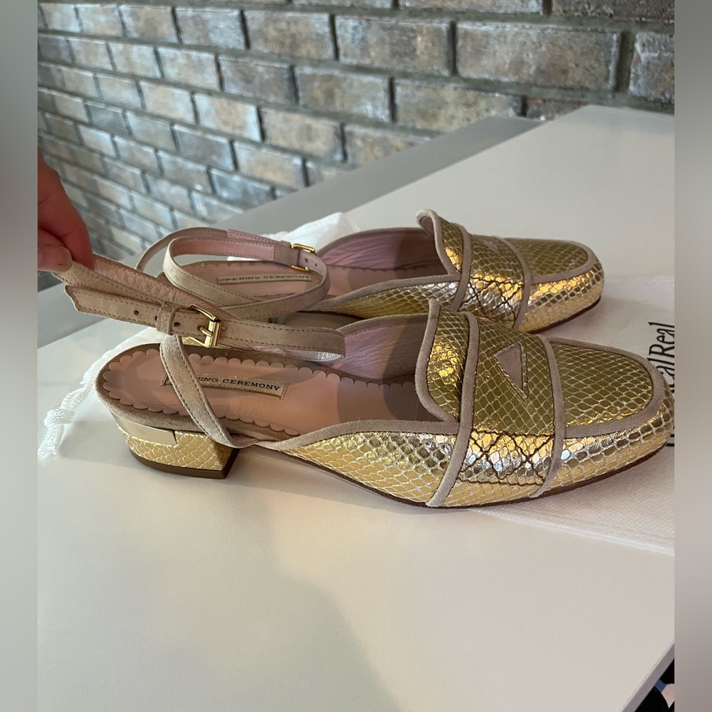 Gold Opening Ceremony Leather Ankle Strap Flats - Size 8